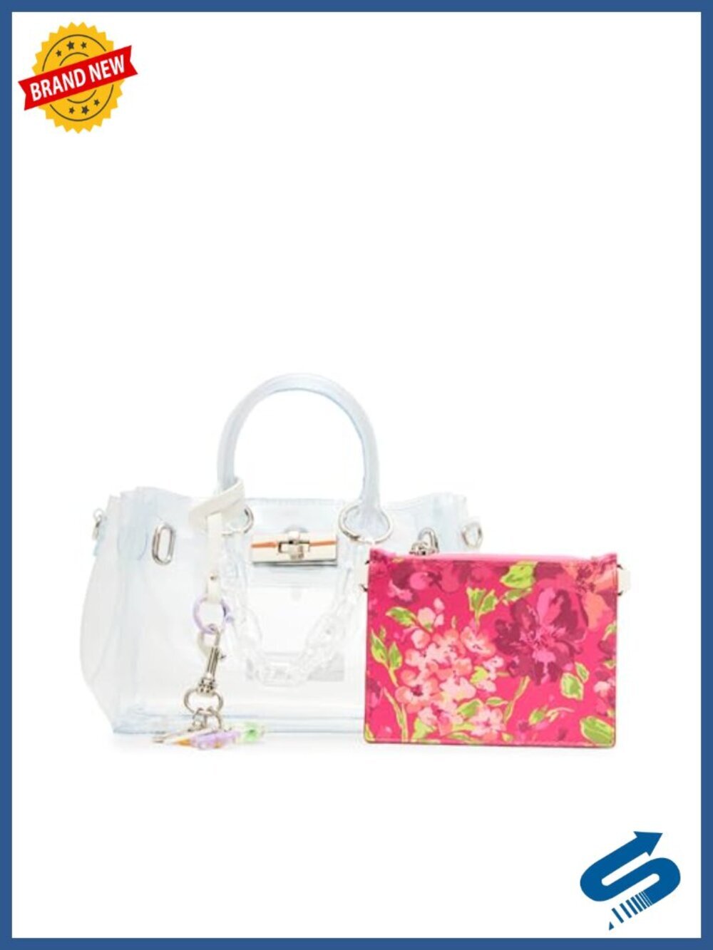 Clear Mini Satchel with Crossbody Chain, PVC, Metal Feet, Pouch Included